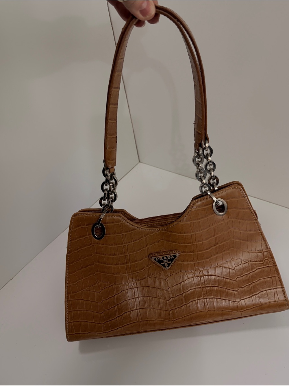 No name Brown Croc-Embossed Leather Shoulder Bag